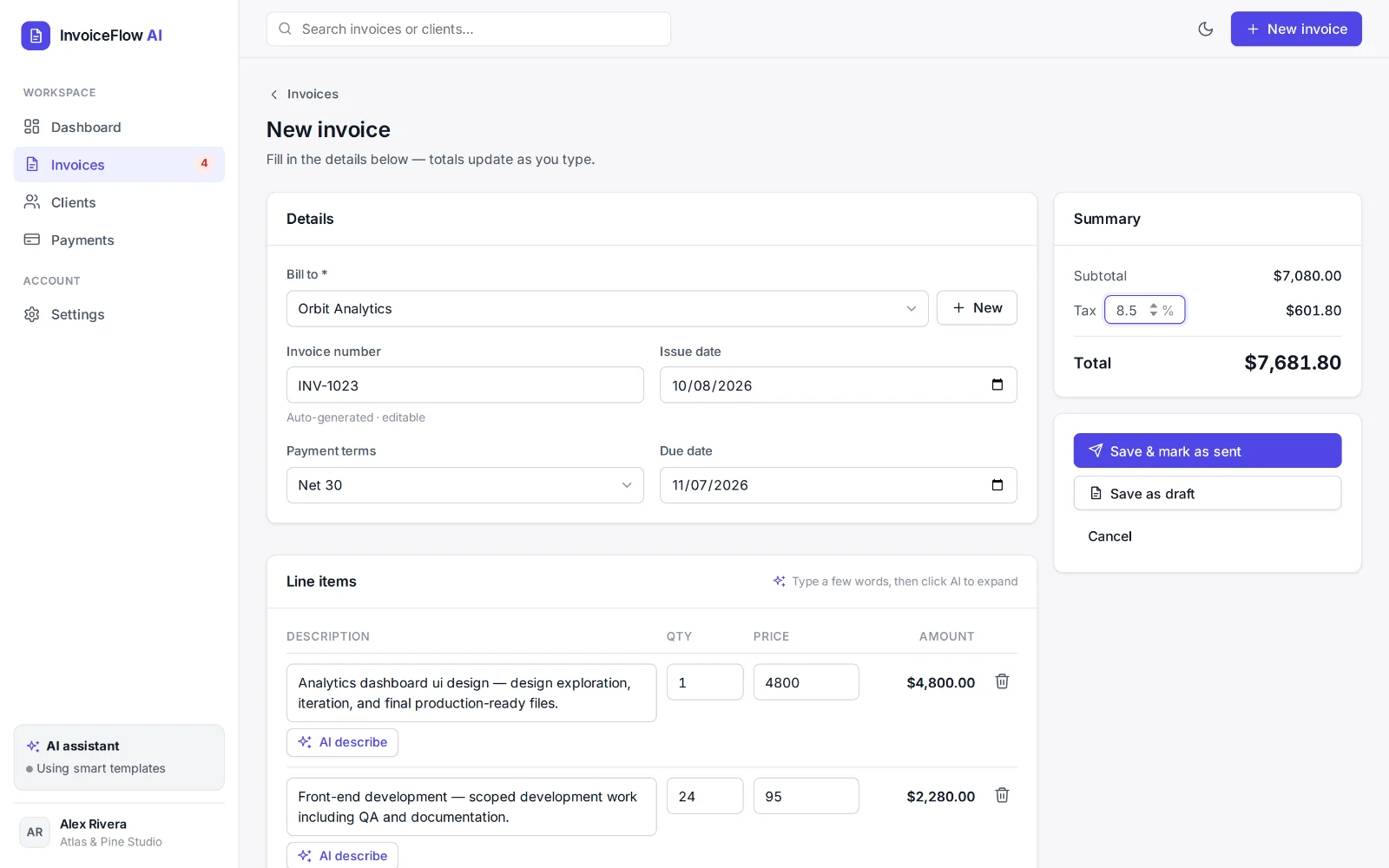 New invoice form with client, invoice number, payment terms, due date, line items with AI describe buttons, and a summary with tax and total