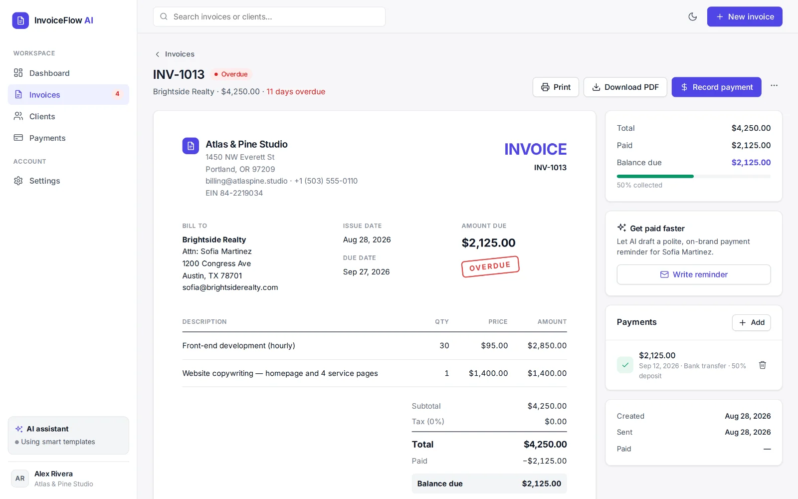 Invoice preview for an overdue invoice with an OVERDUE stamp, line items, a partial payment and balance due, plus Print and Download PDF buttons