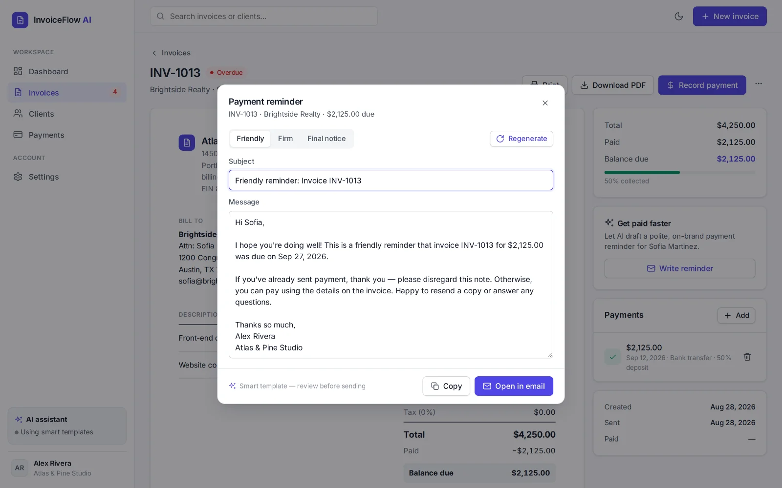 Payment reminder dialog for an overdue invoice with Friendly, Firm and Final notice tones, an editable subject and message, and Copy and Open in email buttons