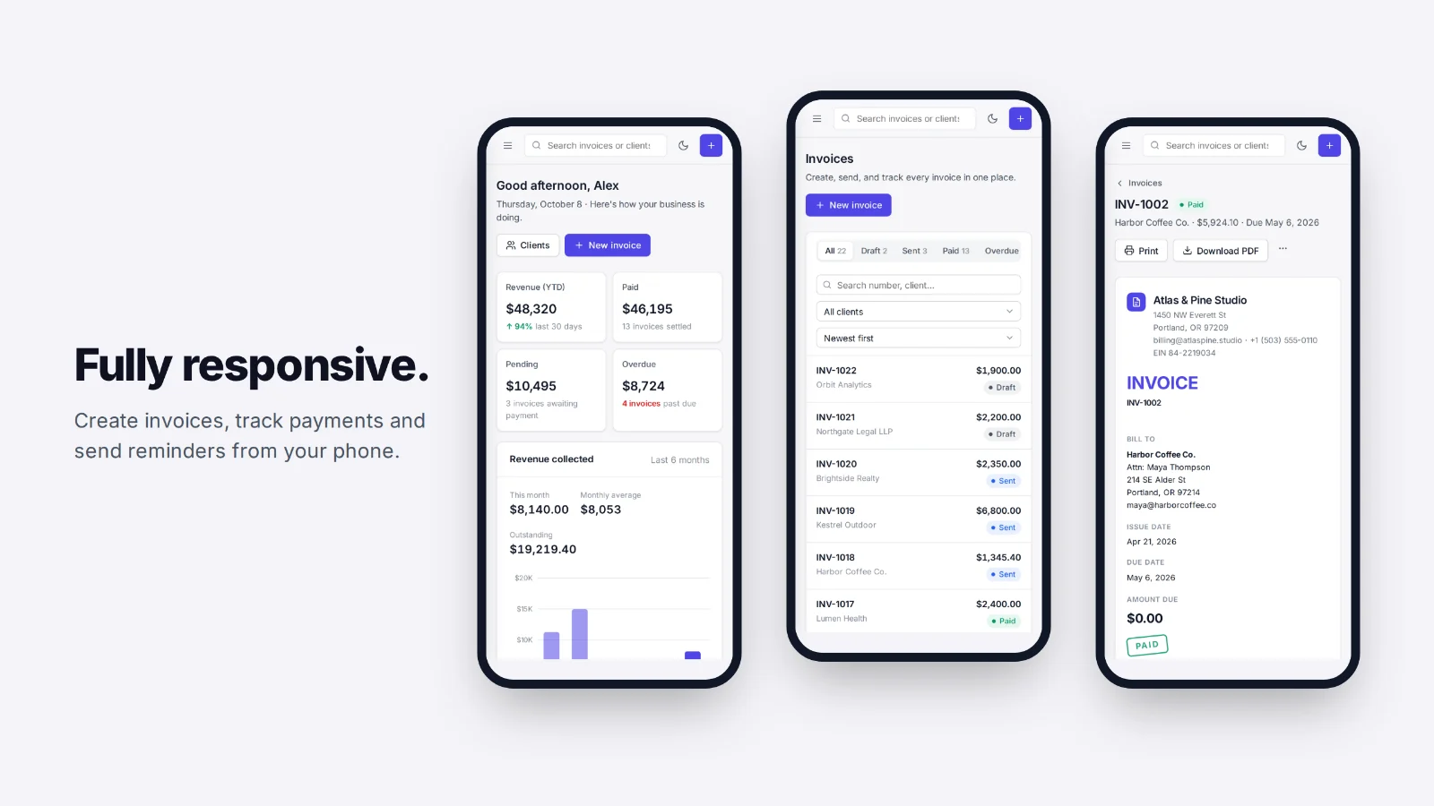 InvoiceFlow AI on three phone screens: the dashboard, the invoice list and an invoice marked paid